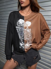 Deniart Skeleton Print Two Tone Drop Shoulder Sweatshirt - Multicolor - View 4