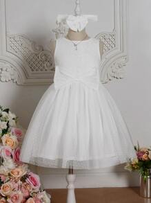 SHEIN Girls Bow Front Lace Bodice Mesh Hem Dress With Hair Ring - White - View 1