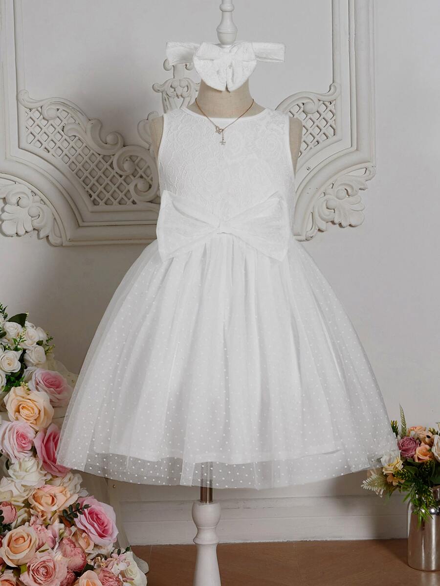 SHEIN Girls Bow Front Lace Bodice Mesh Hem Dress With Hair Ring - White - View 1