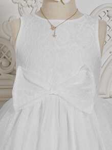 SHEIN Girls Bow Front Lace Bodice Mesh Hem Dress With Hair Ring - White - View 2