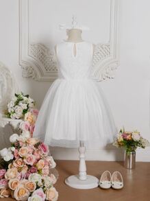 SHEIN Girls Bow Front Lace Bodice Mesh Hem Dress With Hair Ring - White - View 4