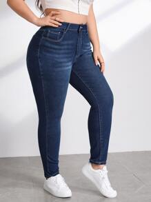 SHEIN Essnce 大碼高腰緊身牛仔褲 - 深色水洗藍 - 查看 5