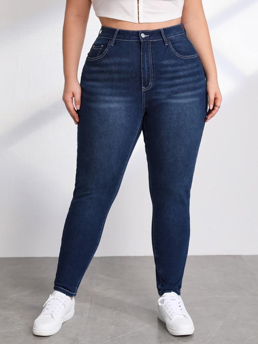 SHEIN Essnce 大碼高腰緊身牛仔褲 - 深色水洗藍 - 查看 1