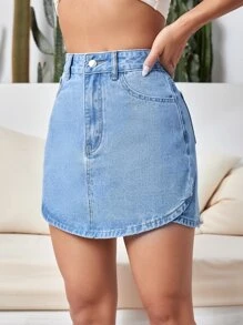High Waist Button Fly Denim Skirt - Light Wash - View 1