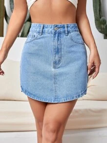 High Waist Button Fly Denim Skirt - Light Wash - View 5