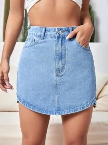 High Waist Button Fly Denim Skirt - Light Wash - View 6