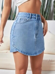 High Waist Button Fly Denim Skirt - Light Wash - View 4