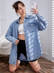 Flap Pocket Drop Shoulder Denim Coat - Light Wash - View 2