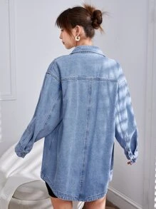 Flap Pocket Drop Shoulder Denim Coat - Light Wash - View 1
