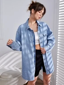 Flap Pocket Drop Shoulder Denim Coat - Light Wash - View 4