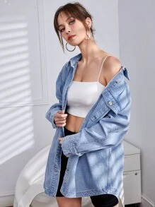 Flap Pocket Drop Shoulder Denim Coat - Light Wash - View 3