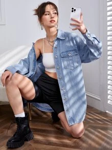 Flap Pocket Drop Shoulder Denim Coat - Light Wash - View 5