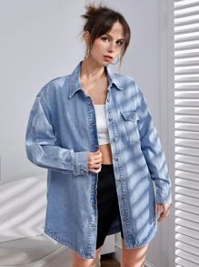 Flap Pocket Drop Shoulder Denim Coat - Light Wash - View 6