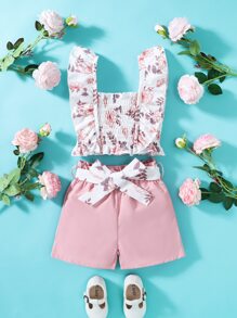 Toddler Girls Floral Print Ruffle Trim Top & Shorts - Multicolor - View 1