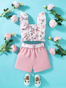 Toddler Girls Floral Print Ruffle Trim Top & Shorts - Multicolor - View 2