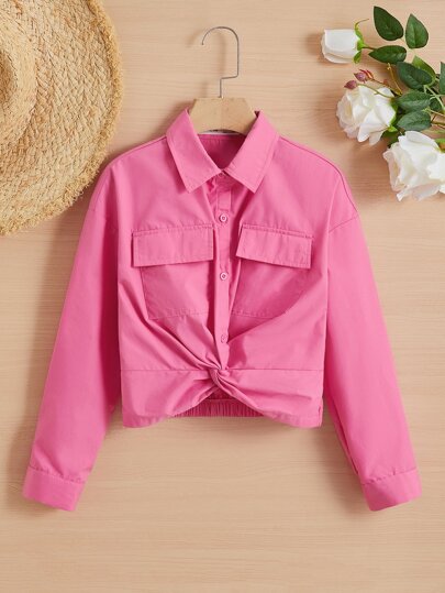 SHEIN Girls Flap Detail Twist Front Shirt