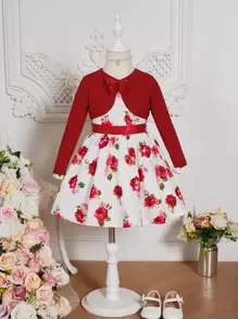 SHEIN Toddler Girls Bow Front Jacket & Floral Print Dress Set - Red and White - View 1