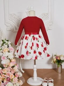 SHEIN Toddler Girls Bow Front Jacket & Floral Print Dress Set - Red and White - View 2