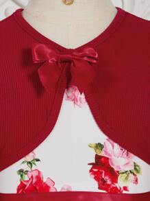 SHEIN Toddler Girls Bow Front Jacket & Floral Print Dress Set - Red and White - View 3