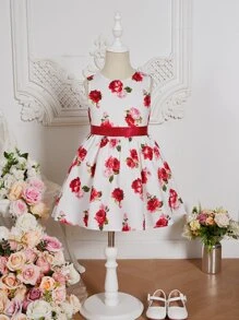 SHEIN Toddler Girls Bow Front Jacket & Floral Print Dress Set - Red and White - View 5