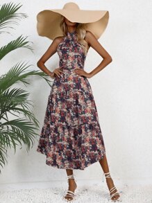 SHEIN LUNE Allover Print Key Hole Back Ruffle Hem Dress - Multicolor - View 3