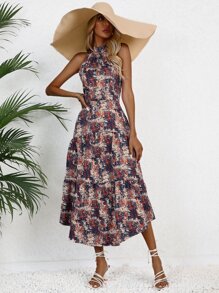 SHEIN LUNE Allover Print Key Hole Back Ruffle Hem Dress - Multicolor - View 5