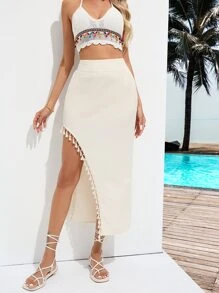 SHEIN VCAY Tassel Trim Split Thigh Skirt - Beige - View 4
