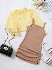 Niñas Top cuello de volante con encaje & Vestido de tirantes fruncido lateral - Multicolor - Ver 1