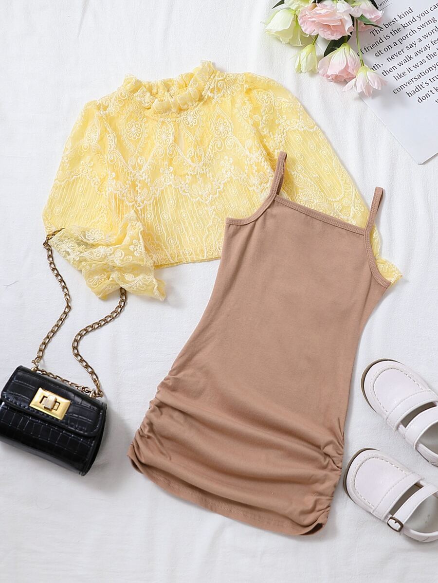 Niñas Top cuello de volante con encaje & Vestido de tirantes fruncido lateral - Multicolor - Ver 1