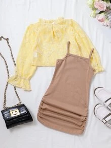 Niñas Top cuello de volante con encaje & Vestido de tirantes fruncido lateral - Multicolor - Ver 2