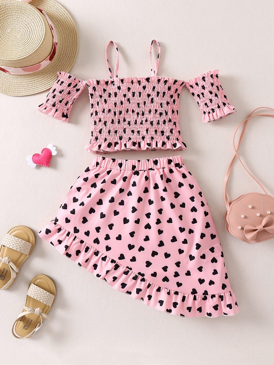 Toddler Girls Heart Print Cold Shoulder Shirred Top & Asymmetrical Ruffle Hem Skirt - Pink - View 1