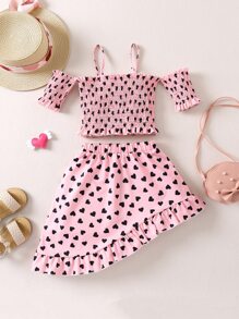 Toddler Girls Heart Print Cold Shoulder Shirred Top & Asymmetrical Ruffle Hem Skirt - Pink - View 2
