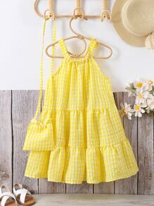SHEIN Niñas Vestido de tirantes de rayas bajo con fruncido & Accesorio Bolso - Amarillo - Ver 2
