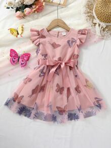 SHEIN Toddler Girls Butterfly Print Ruffle Trim Belted Mesh Overlay Dress - Dusty Pink - View 1