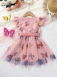 SHEIN Toddler Girls Butterfly Print Ruffle Trim Belted Mesh Overlay Dress - Dusty Pink - View 2