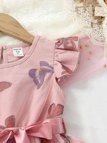 SHEIN Toddler Girls Butterfly Print Ruffle Trim Belted Mesh Overlay Dress - Dusty Pink - View 3