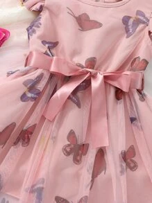 SHEIN Toddler Girls Butterfly Print Ruffle Trim Belted Mesh Overlay Dress - Dusty Pink - View 4