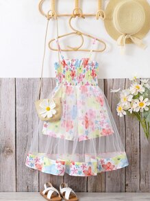 Young Girl Floral Print Mesh Overlay Cami Romper - Multicolor - View 1