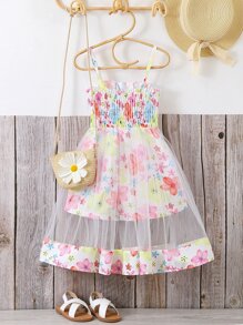 Young Girl Floral Print Mesh Overlay Cami Romper - Multicolor - View 2