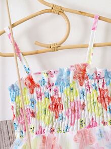 Young Girl Floral Print Mesh Overlay Cami Romper - Multicolor - View 4