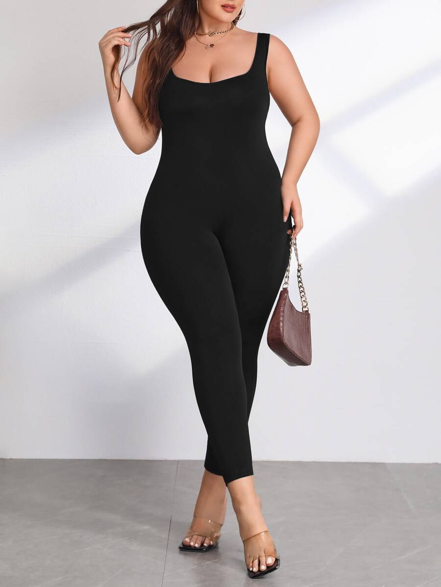 SHEIN SXY Plus Solid Cami Unitard Jumpsuit - Black - View 1