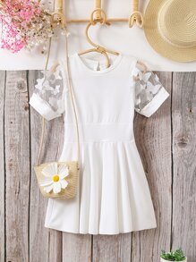 小女童蝴蝶貼花泡泡袖洋裝不附帶包