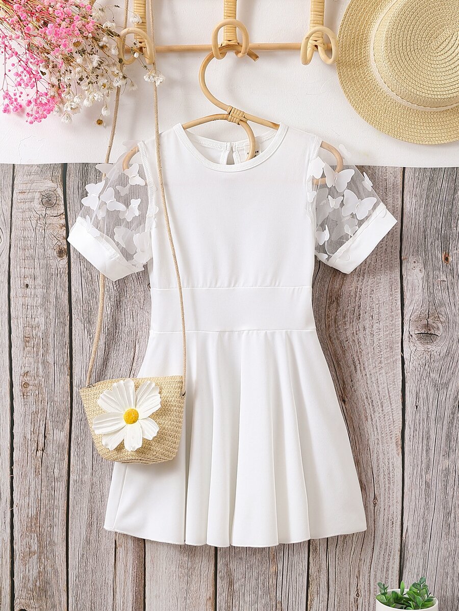 小女童蝴蝶貼花泡泡袖洋裝不附帶包