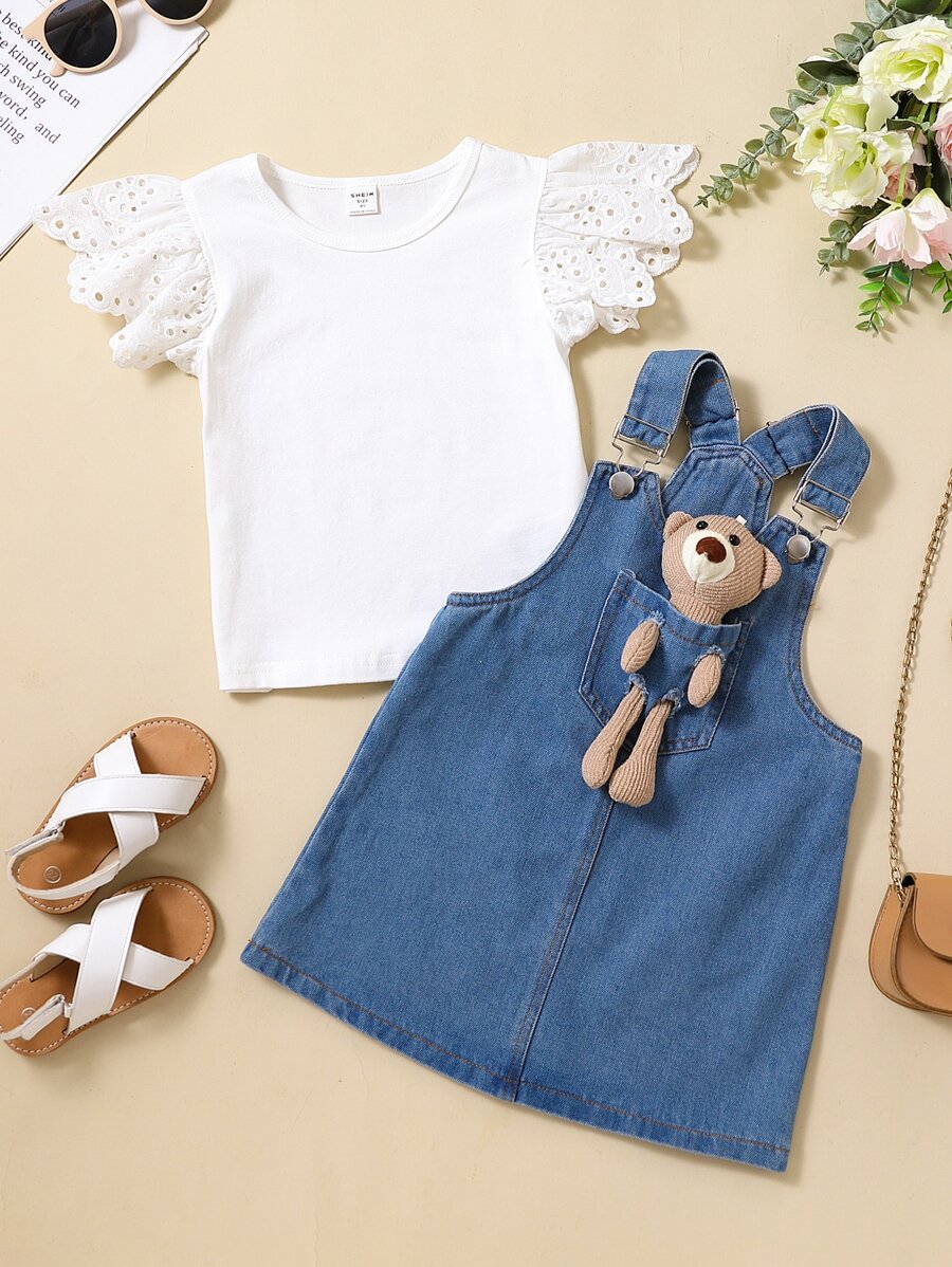 SHEIN Toddler Girls Eyelet Embroidery Tee & Pinafore Dress - Blue and White - View 1