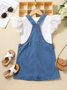 SHEIN Toddler Girls Eyelet Embroidery Tee & Pinafore Dress - Blue and White - View 2