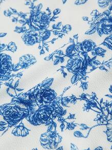 SHEIN MOD Floral Print Lace Panel Split Hem Corset Structure Cami Dress - Blue and White - View 4