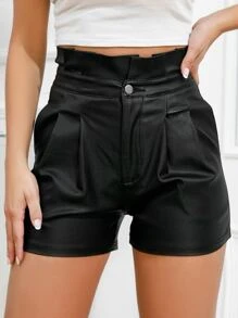 SHEIN Essnce 女士夏季時尚純色褶皺高腰修身短褲 - 黑色 - 查看 2