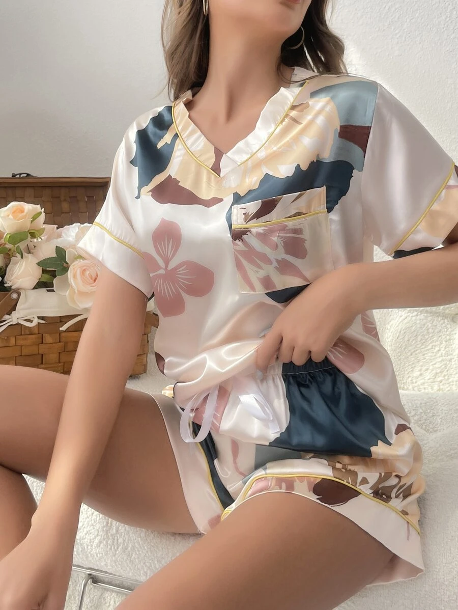 Floral Print Contrast Piping Satin PJ Set - White - View 1