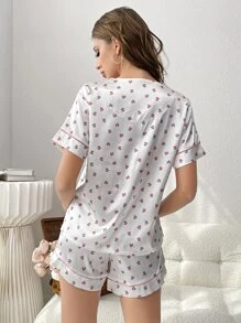 Ditsy Floral Print Contrast Piping Satin PJ Set / Pajama Set - White - View 2