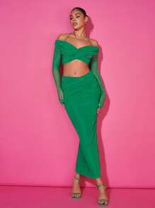 SHEIN BAE Off Shoulder Wrap Front Crop Top & Split Back Pencil Skirt - Green - View 4